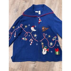 Carolina Colours Womens Ugly Christmas Sweater Zip Up Santa Snowman Reindeer Lg